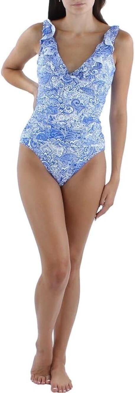 Lauren Ralph Lauren Womens Underwire Ruffled One-Piece Swimsuit Blue, A32